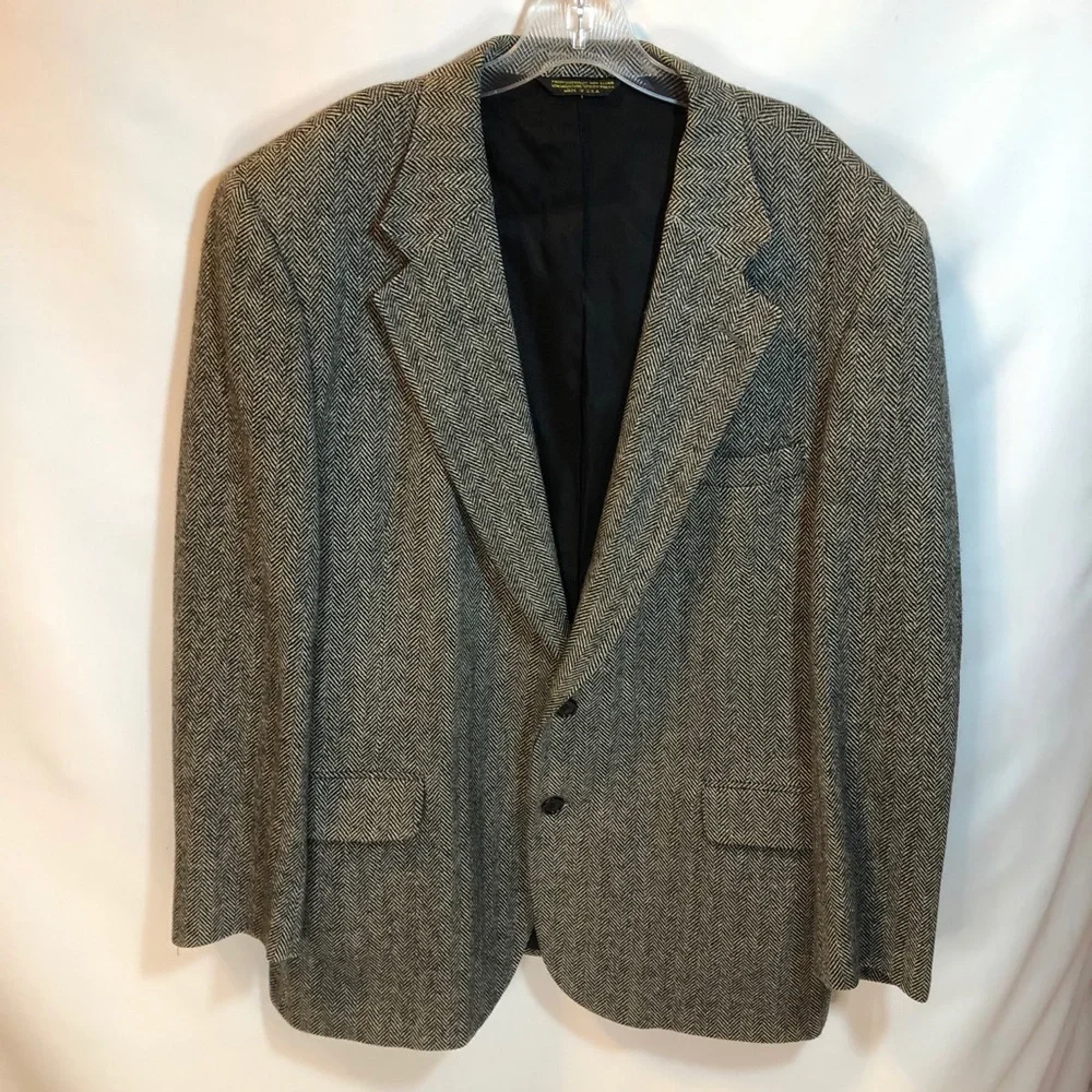 Vintage lambs wool herringbone blazer, dark gray Sz 46R - Picture 7 of 13